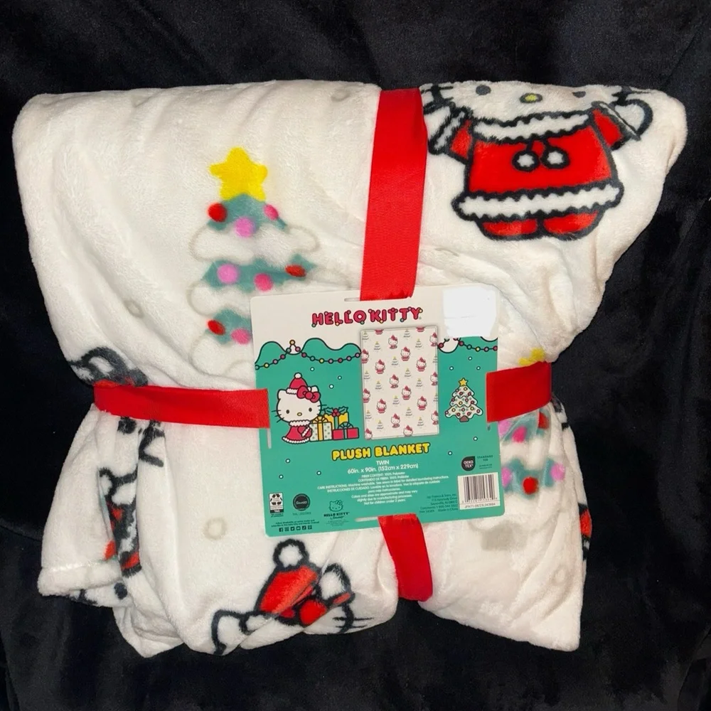 Hello Kitty Holiday Twin Blanket - Festive White and Red with Christmas Trees